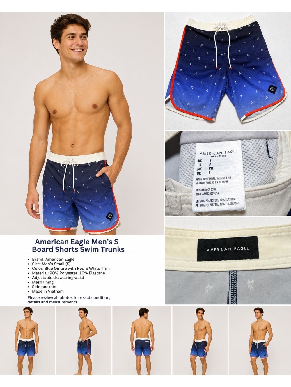 American Eagle Men’s S Blue Ombre Board Shorts Swim Trunks Red White Trim